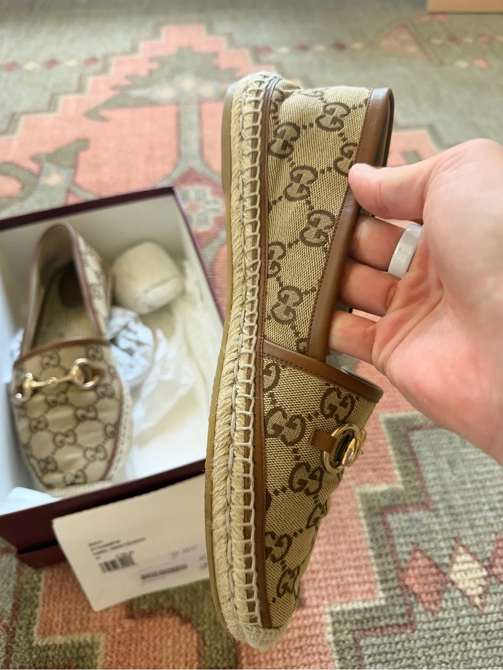 Gucci Beige Camel GG Canvas Horsebit Espadrille Loafers